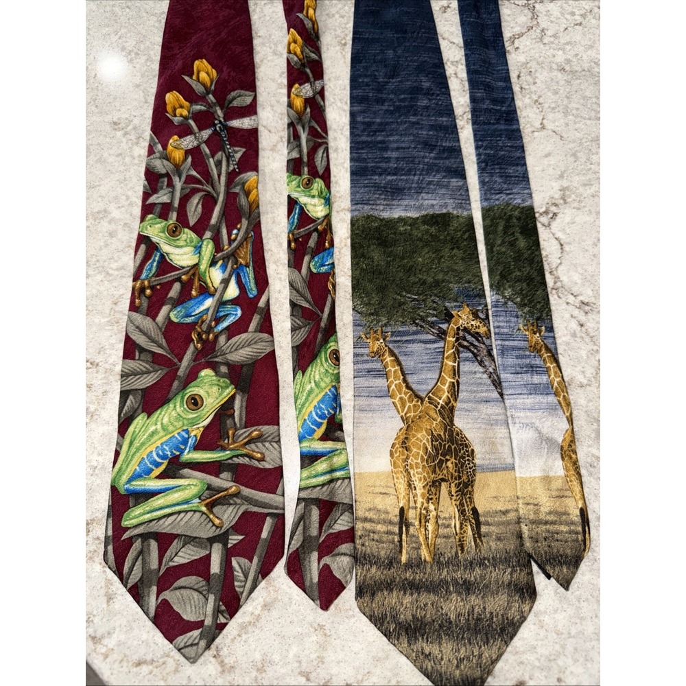 2 Vintage Endangered Species 90's Wild Animal Silk Tie Giraffe Frog Colorful